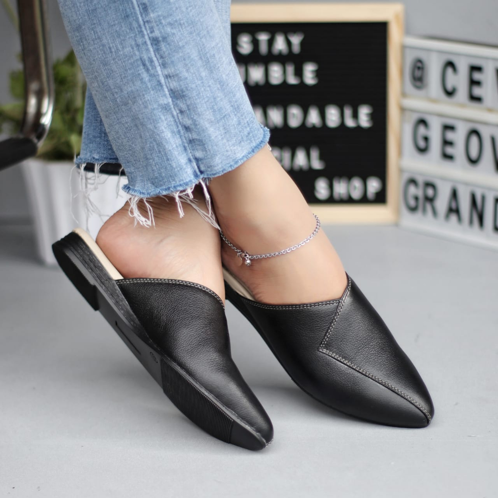 sepatu sandal sendal slop selop kulit asli teplek flat wanita butong tutong
