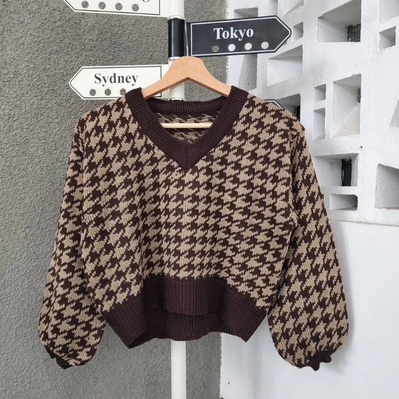 AUTUMN CROP TOP SWEATER HOUNDSTOOTH RAJUT V NECK WANITA TRENDY