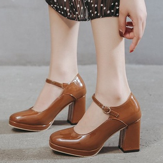 High Heels Wanita Kasual Strap Sendal Hak Tinggi Perempuan 9cm Polos Glossy Sandal Hak Chunky Korean Style SH-050