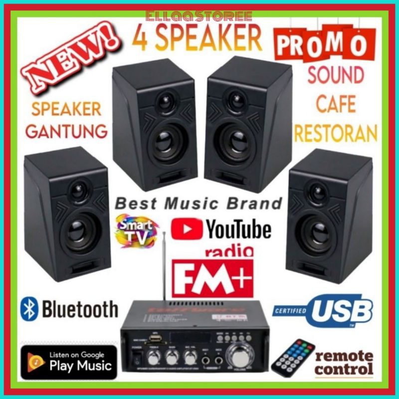 Paket 4 Speaker Mini PEETO Di Ruangan Cafe Restoran Ampli Bluetooth