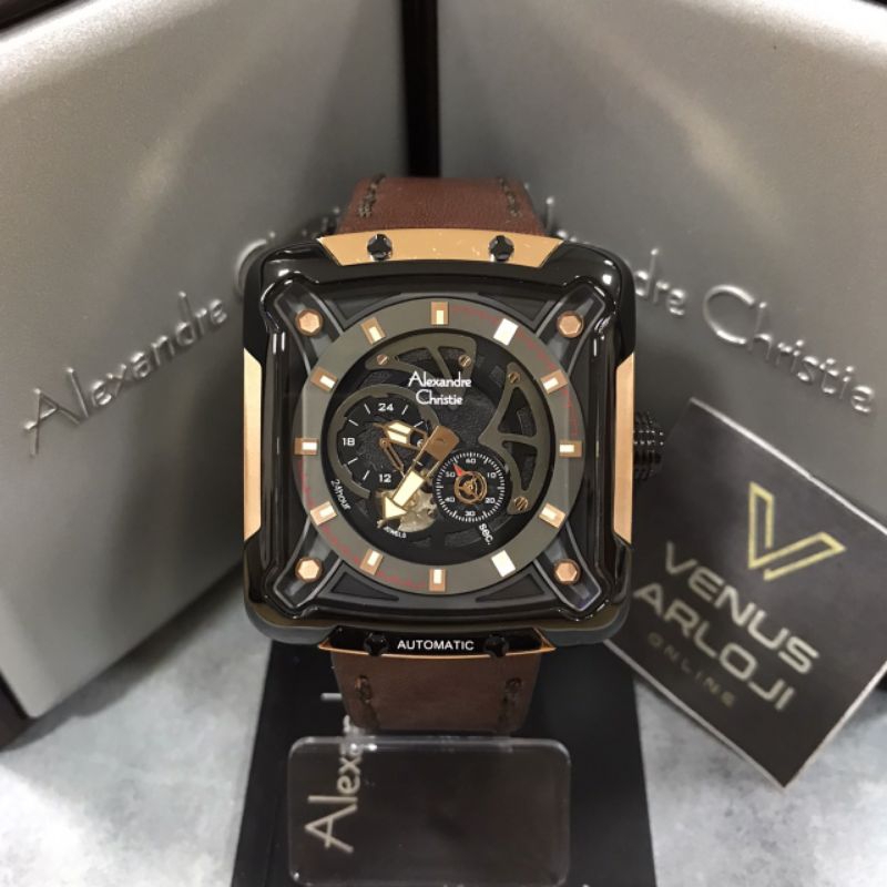 Jam Alexandre Christie AC 3039 MA LBR Pria Hitam Rosegold Kulit Coklat Segi Automatic