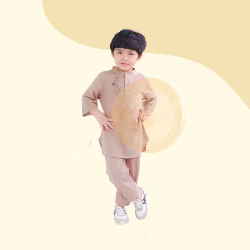 FAIZ Kids - Setelan Baju Koko KURTA Anak Koko Pria Laki Muslim Lengan Pendek Bahan Katun Combad Umur 1 2 3 4 5 Tahun Premium KURTA Warna COKLAT COKELAT BROWN KHAKI MUDA