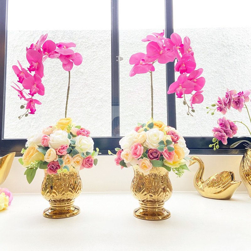 Full Set Vas Bunga Keramik Emas / Silver Riyadh & Rangkaian Bunga Anggrek Latex Mawar Premium