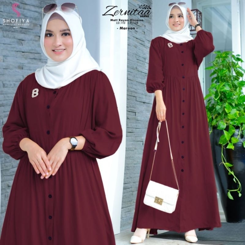 baju gamis kancing full aktif zernita polos ORI shofiya