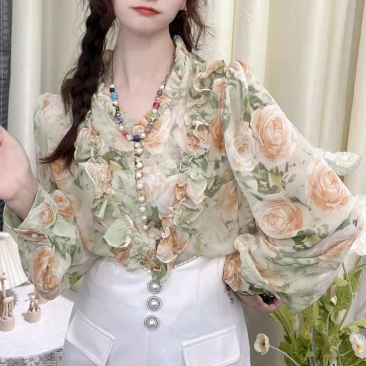 7700 Baju atasan kemeja RUFFLE FLORAL PINK HIJAU Korea Korean style wanita import baju atasan kemeja