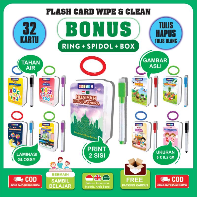 Flash Card Wipe Clean ( BONUS RING + SPIDOL + BOX ) Mainan Edukasi Flashcard Kartu Pintar Anak