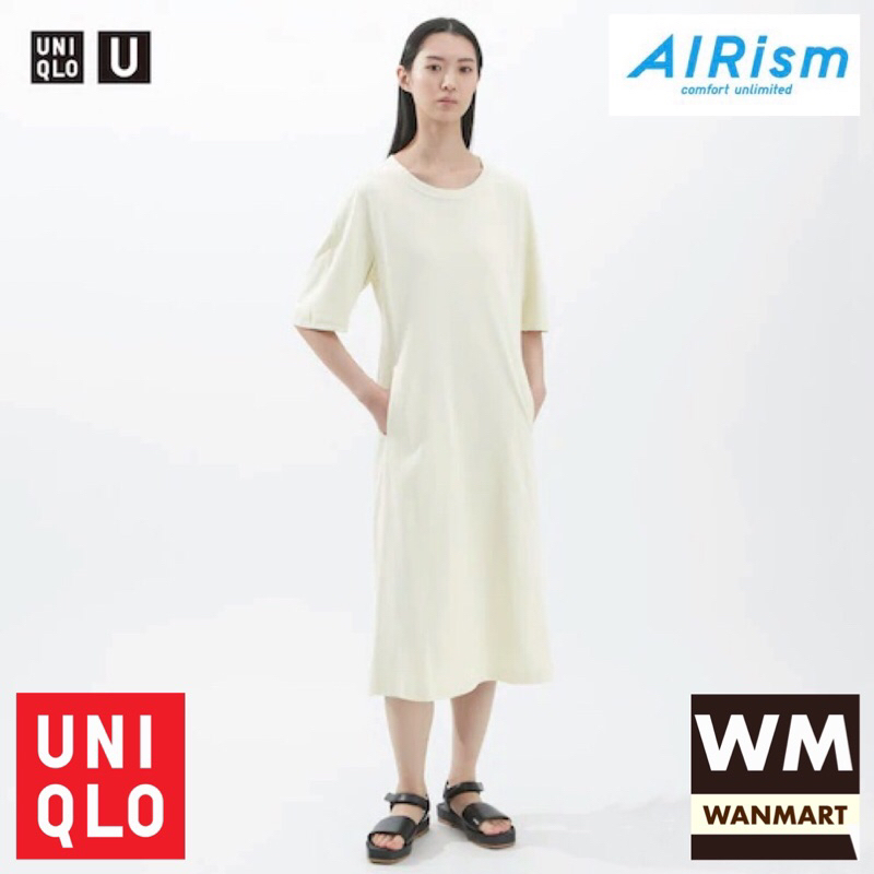 UNIQLO U AIRism Dress Gaun Katun Wanita Lengan Pendek Natural