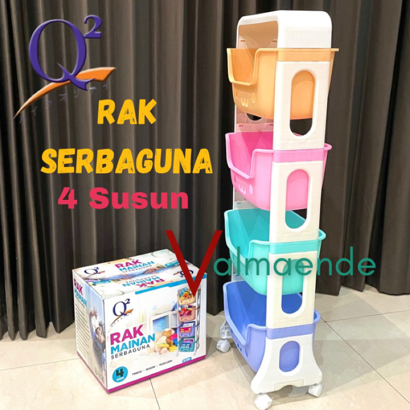 Rak Susun 4 Tingkat Serbaguna Q2 8804 Rak Mainan Anak Lucu Karakter 4 Tingkat + Roda Rak Organizer Kotak Penyimanan