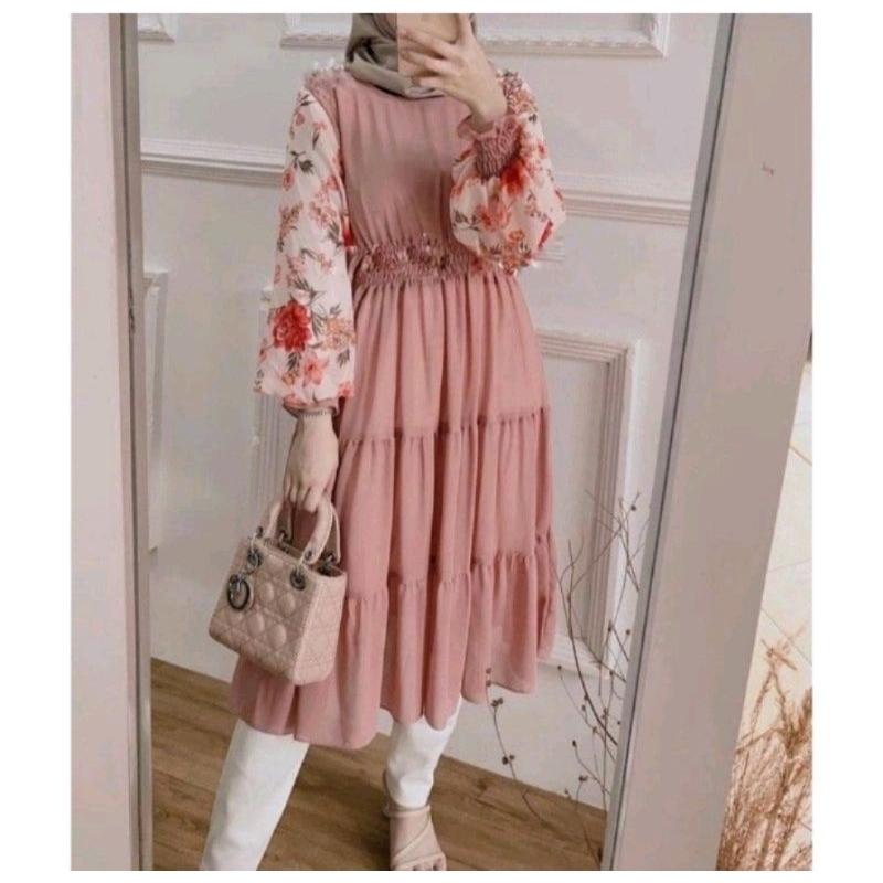 SHE VELA TUNIK KOMBINASI BRUKAT BROKAT MOTIF FLORAL FASHION  WANITA