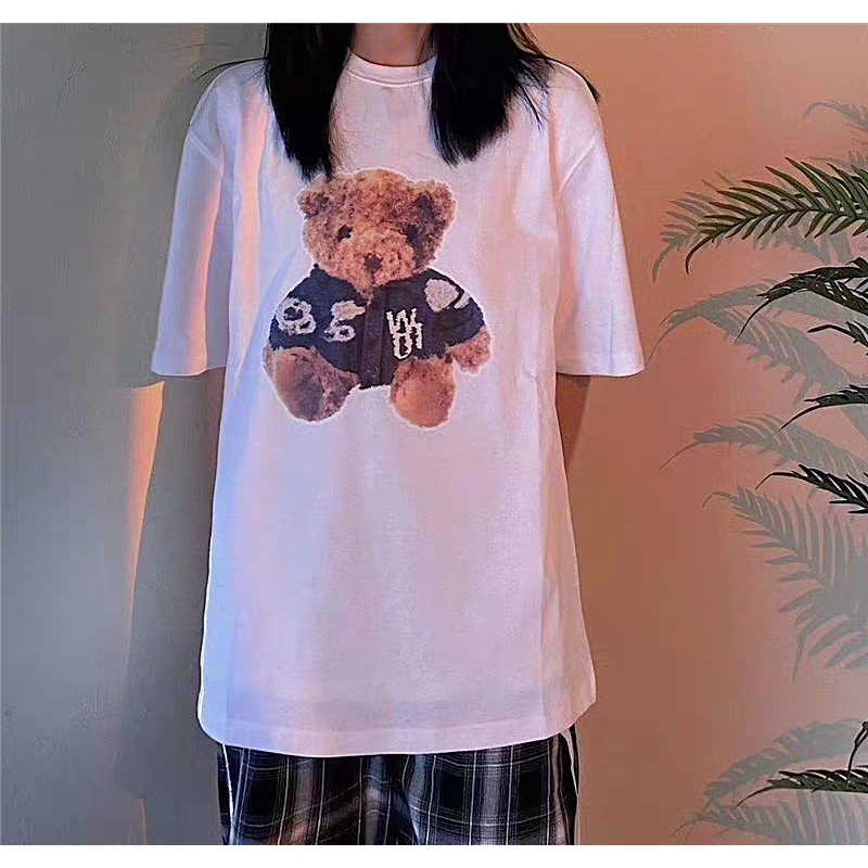 Kaos Couple Oversize Kekinian Vintage Cute Bear Cartoon Pattern Printing Lengan Pendek T-shirt Baju Wanita Hitam