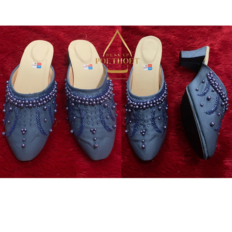 selop sendal sepatu pengantin pria dan wanita jawa payet biru denim blue premium hak sedang couple