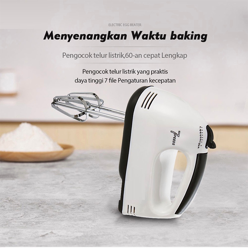 Hand Mixer 100W Pengocok Telur Pengaduk Stainless 7 Kecepatan Kocokan Adonan Telur Elektrik Serbaguna- Putih