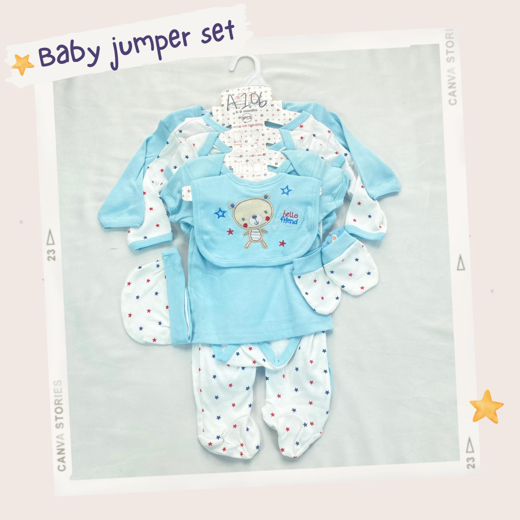 Jumper set baby usia 0-9 bulan / baju jumpsuit 8in1 lengan panjang  Kupluk sarung tangan ala korea