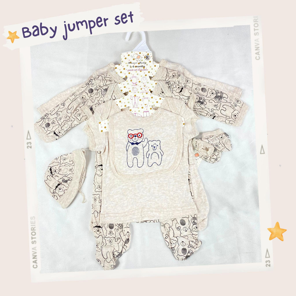 Jumper set baby usia 0-9 bulan / baju jumpsuit 8in1 lengan panjang  Kupluk sarung tangan ala korea