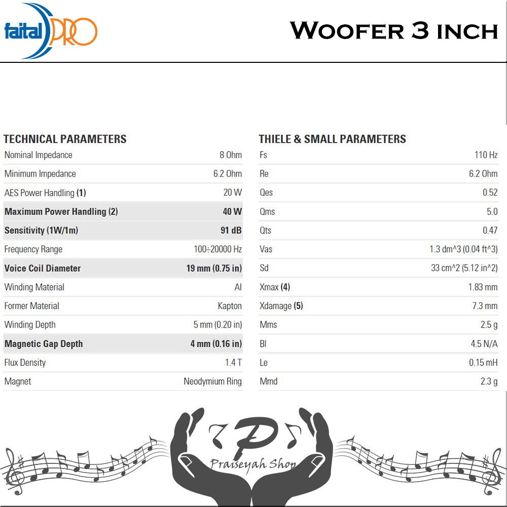 Faital Woofer Speaker Komponen 3 inch 3FE22 8 ohm