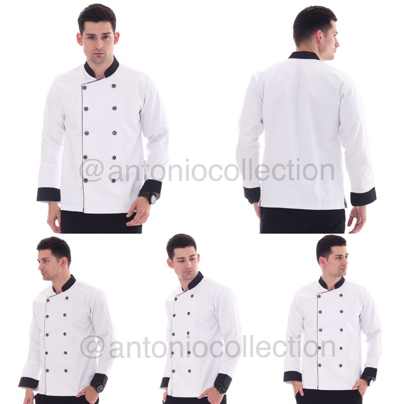 Baju Koki / Chef Jacket Putih Lis Hitam Lengan Panjang