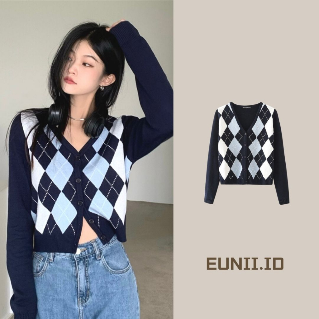 EUNII Versi Retro V-neck Kotak-Kotak Lengan panjang Atasan Wanita Kardigan Rajutan Korean Style