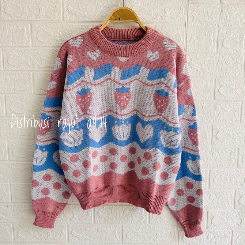 DIST SWEATER RAJUT PREMIUM MOTIF STROBEERY ATASAN WANITA LENGAN PANJANG