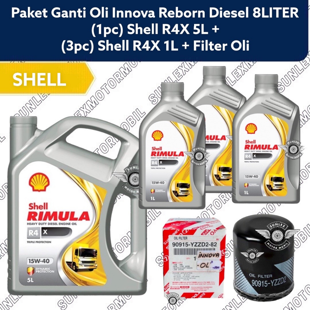PAKET GANTI OLI INNOVA DIESEL FORTUNER HILUX 15W40 + FILTER OLI YZZD2-82 SHELL RIMULA R4X 8LITER