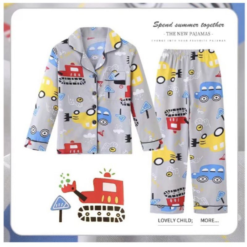 [3-10thn] baju piyama baju tidur anak cowok kemeja kancing depan import lengan panjang celana panjan