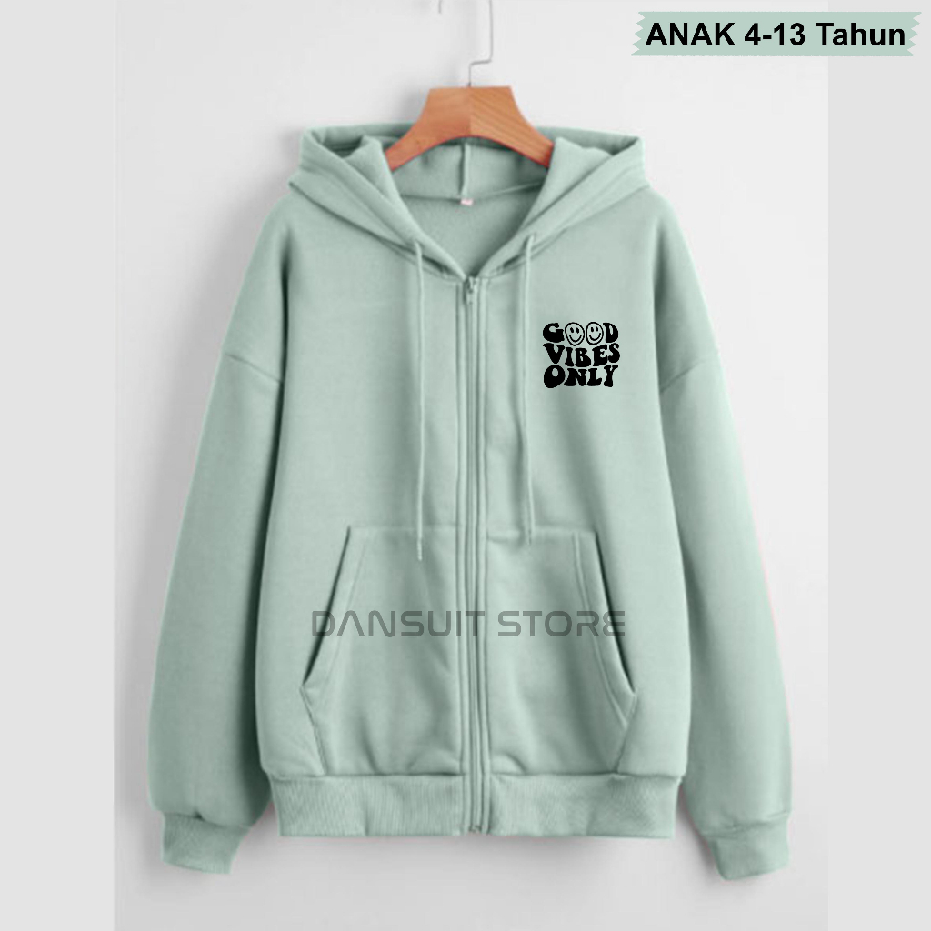 Jaket Hoodie Resleting Anak Laki-laki/Perempuan Usia 4-13 Tahun Zipper Hoodie Anak Motif GOOD VIBES ONLY Bahan Tebal Premium