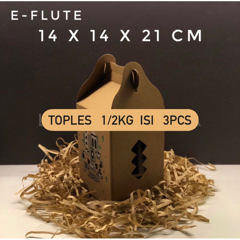 

Box Lebaran Idul Fitri E-Flute Gable Box / Box Jinjing 14x14x21 cm Muat 3 Toples 500 gr untuk Box kue kering, Box Toples , Hampers dll