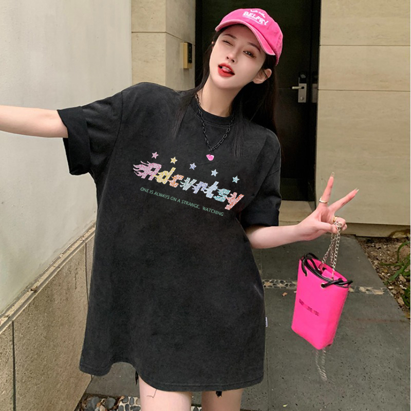 EUNII T-shirt Lengan Pendek Black Washed Color Double Sided Shooting Star Korean Style/Kaos Atasan Wanita/Baju Wanita/Kaos Wanita