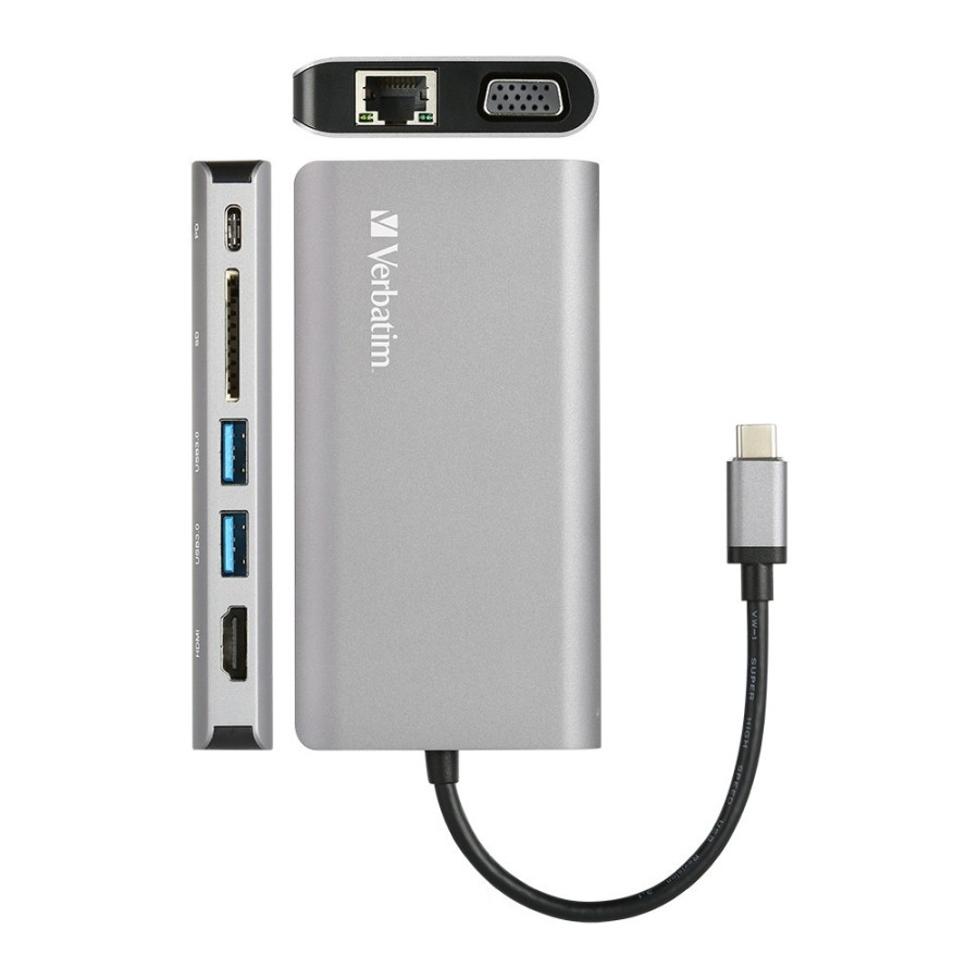 Verbatim Type-C Hub with VGA HDMI RJ45 USB3.0x2 PD 60W SD &amp; Earja