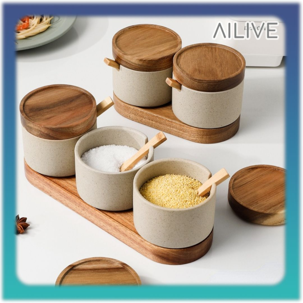 AILIVE HAKU Tempat Bumbu Dapur Keramik 3PCS Free Sendok Tutup Bambu / Set Rak Toples Bumbu Dapur / Spicey Seasoning Jar Set
