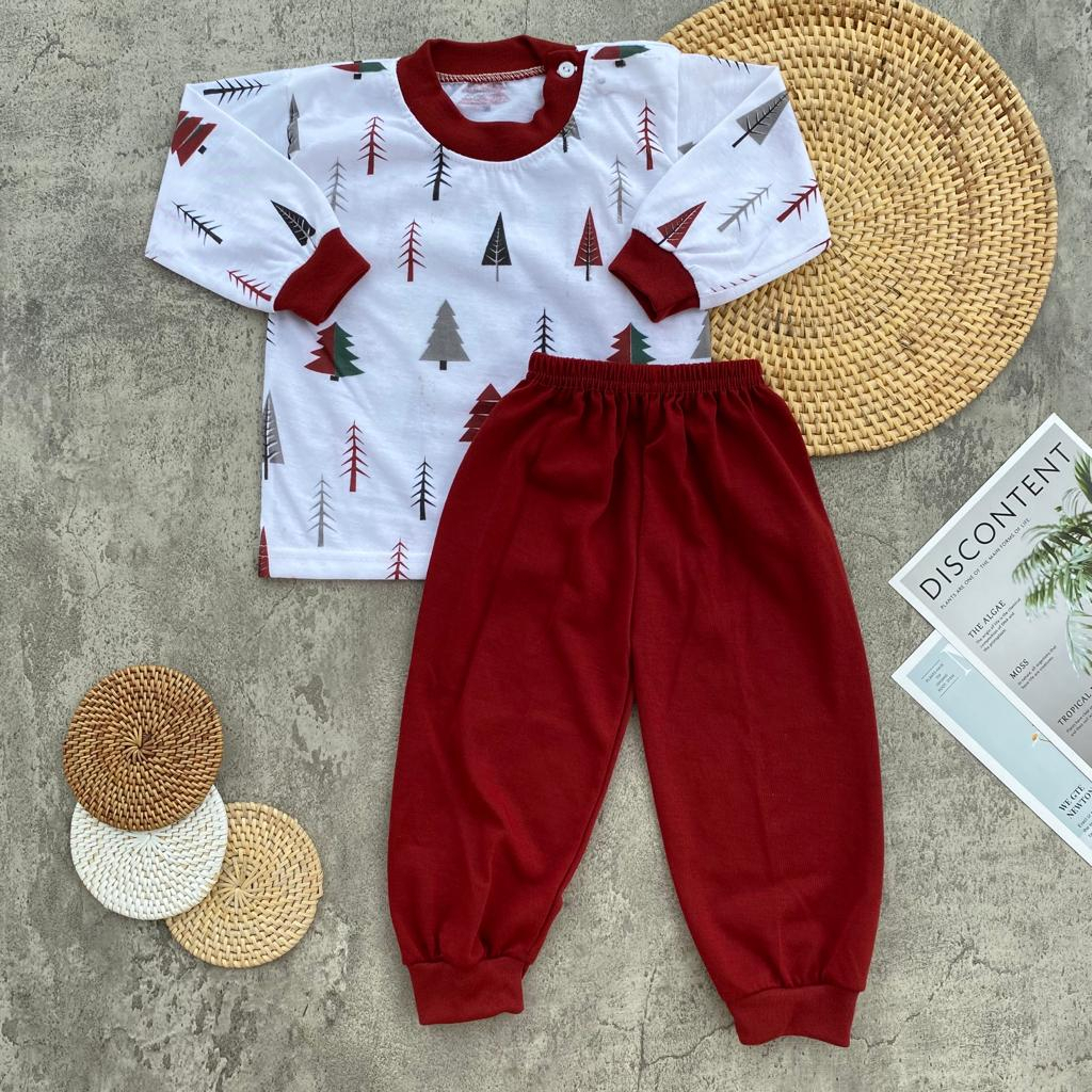 Setelan Baju Bayi Lengan Panjang Kancing Pundak One Set Piyama Motif Fir Tree Usia 3-12 Bulan - Salwa Baby