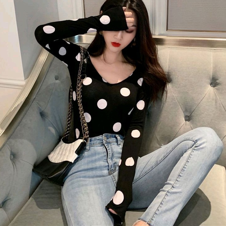 A900 Baju atasan blouse RAJUT VNECK BODYCON POLKA lengan panjang Korea Korean style wanita premium i