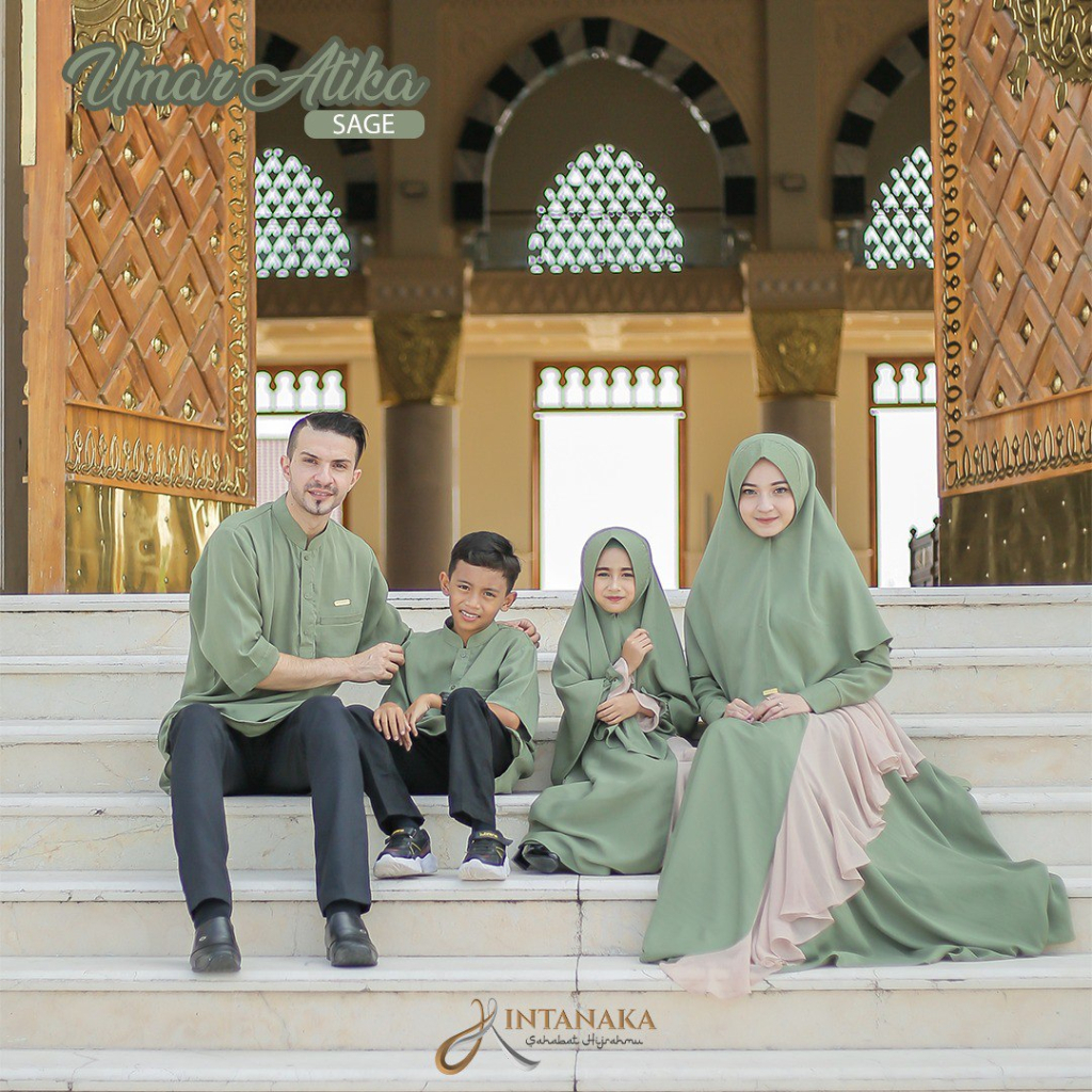 Umar Atikah Sage Green Intanaka Gamis Sarimbit Keluarga Couple Ayah Ibu Anak set Syari Polos Khimar 