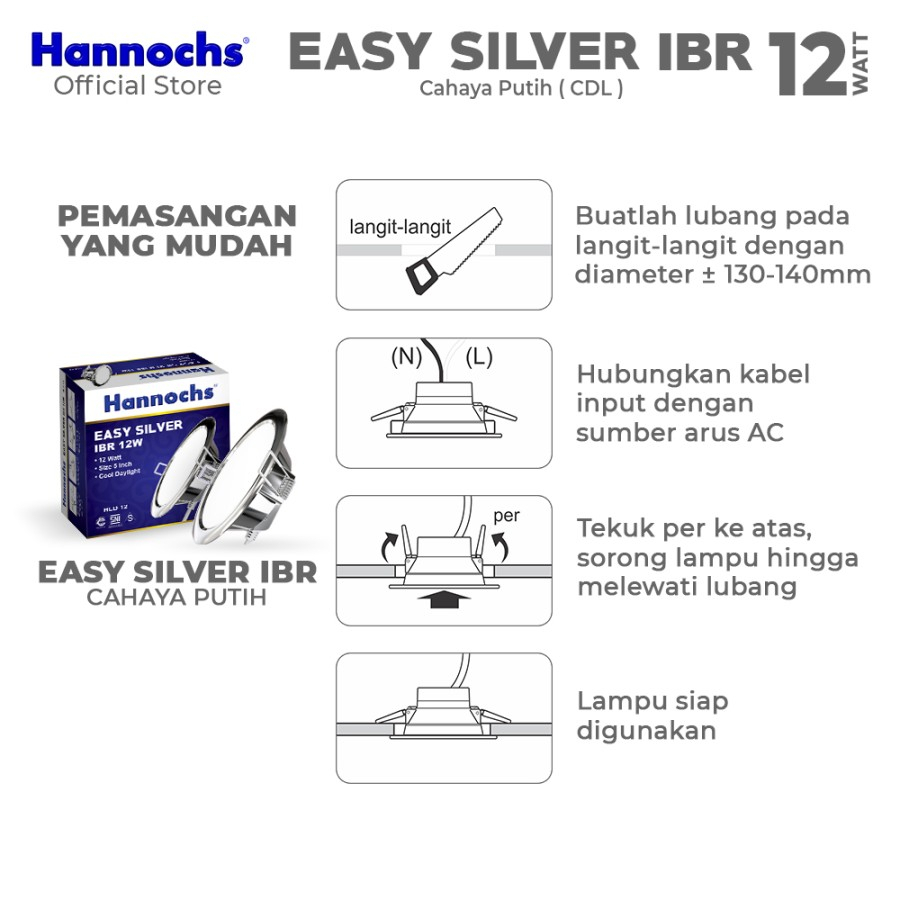 Lampu Downlight LED Hannochs Easy Silver 12W IBR CDL - Cahaya Putih