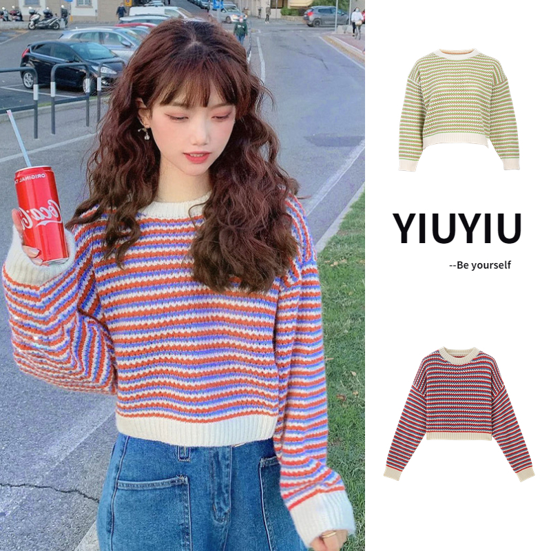 YIU YIU Rajut - Retro Sweater Crop Long Sleeve Import Stripes Baju Rajut Wanita Lengan Panjang
