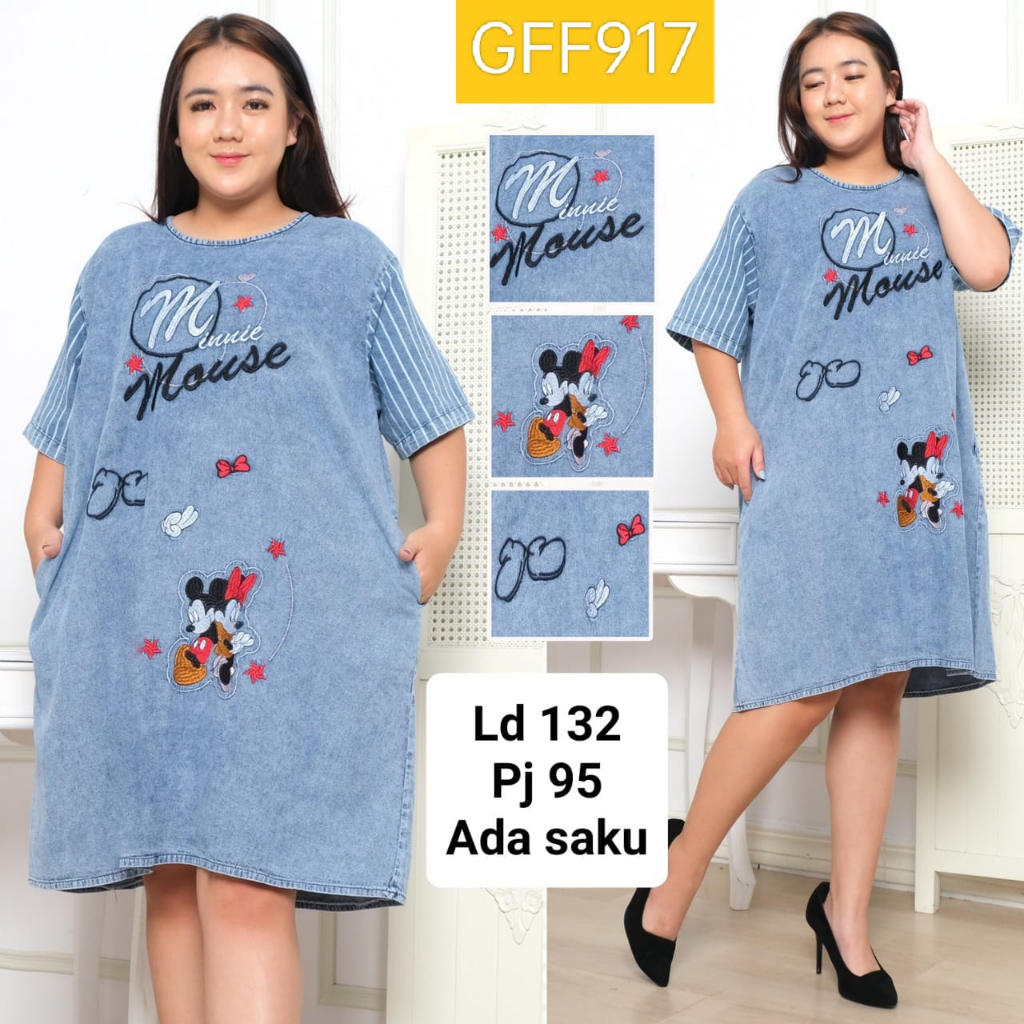 GFF917 Dress Wanita Jeans Denim Bordir Mickey Minnie Mouse LD132 PJ95