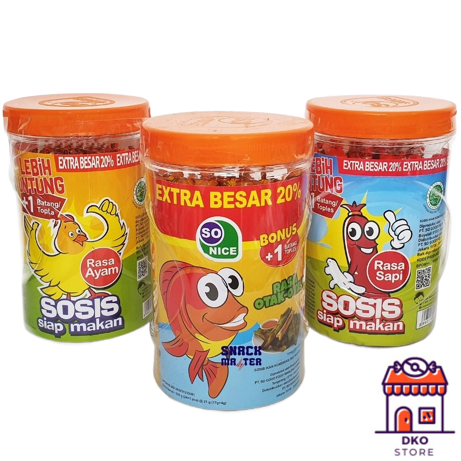 

SO NICE Sosis Instan 1 Toples Isi 24 pcs Rasa Sapi / Ayam Kemasan Siap Makan Praktis Snack Instant Makanan Ringan