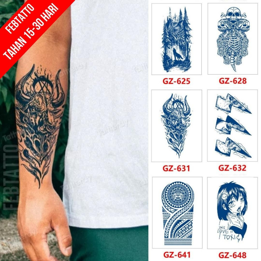 FRUIT INK Tato Semi Pemanent Tahan 1 Bulan Ukuran 11cmx18cm Tato Lengan Tato Dada Tato tangan Tato Kaki Tato Punggung Tato Jari  Motif Aesthetic Tatto Temporary Stiker Tato Halal Grosir Tato air motif tengkorak, serigala, petir, tribal, anime GZ 631