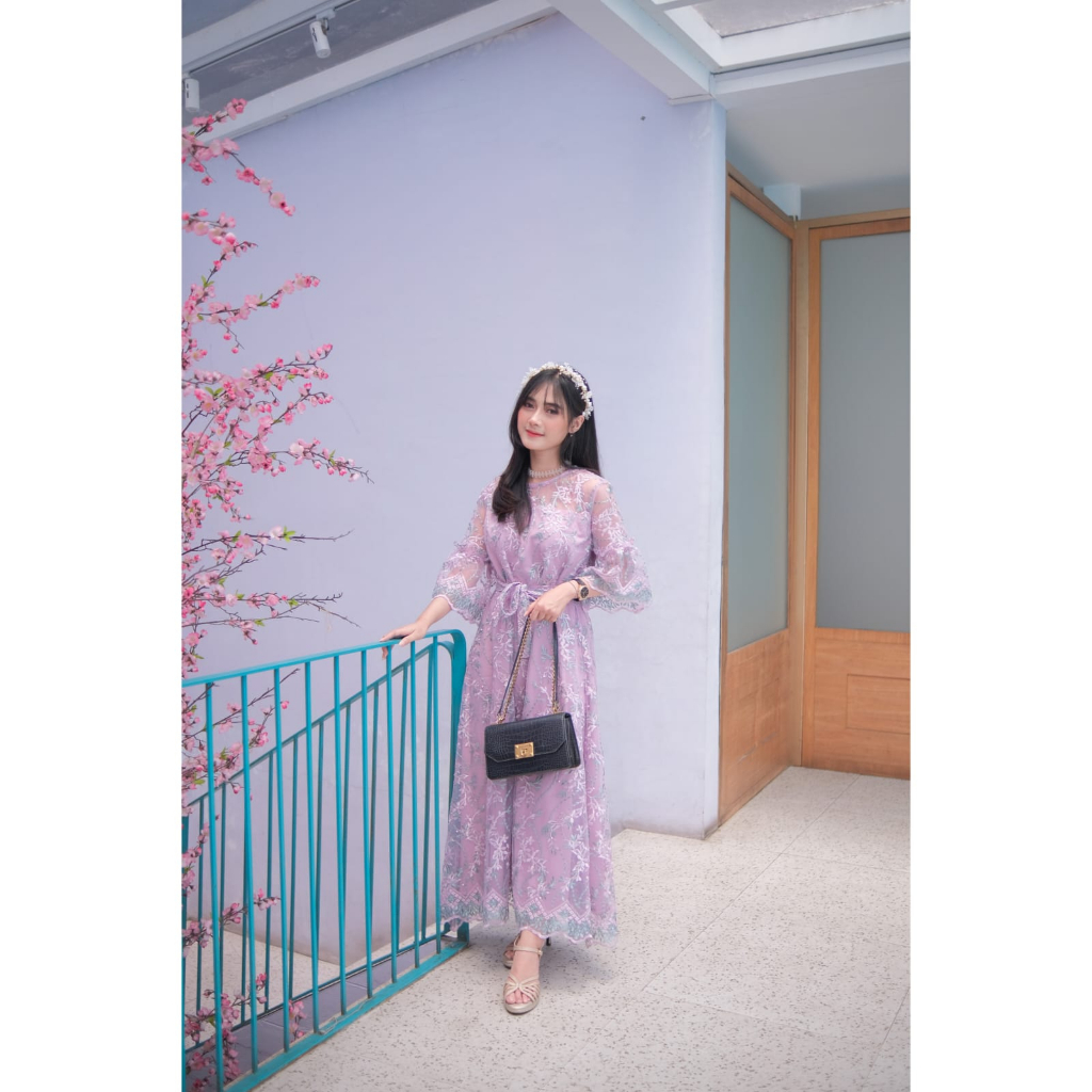 Ken-230 Long Dress Wanita Untuk Kondangan Pesta  Wisuda Full Tulle Bordir Premium Free Ikat Pinggang