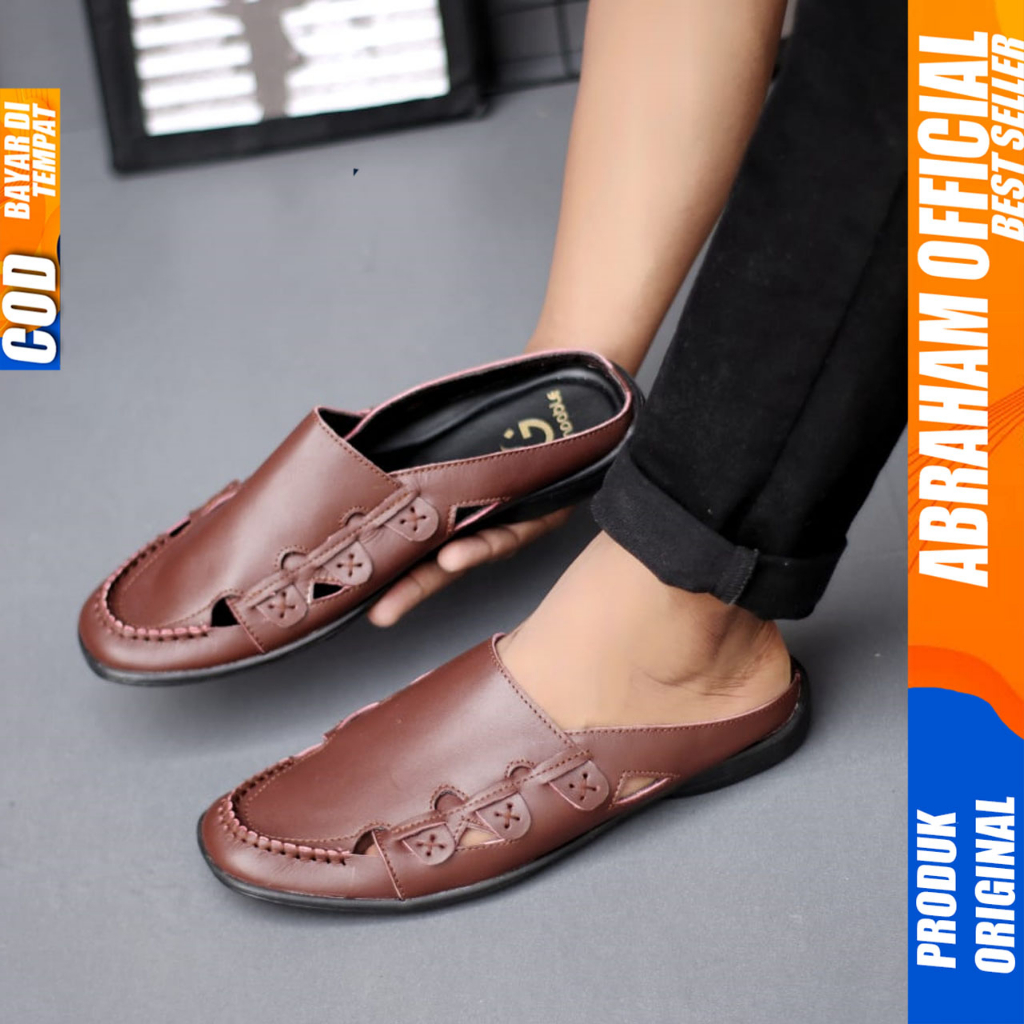 Sepatu Sandal Slop Pria Bustong Kulit Asli Hitam Abraham Ervano