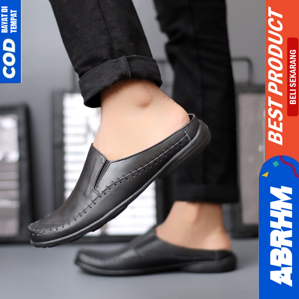 Sepatu Sandal Slop Pria Bustong Casual Kulit Asli Hitam Abrhm Calvin