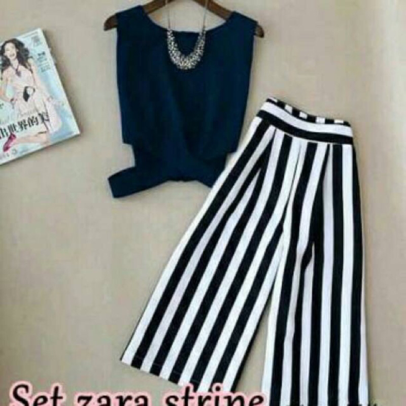 Glory Mart - Setelan salur stripe Zara Atasan dan celana Premium Import Wanita / Baju Lebaran / Baju