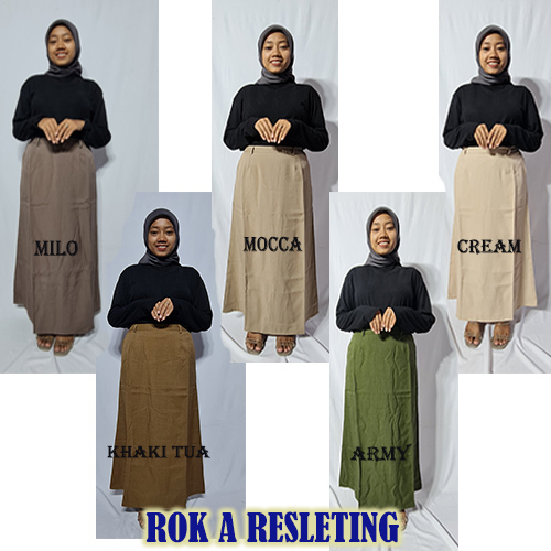 Rok A resleting warna milo-mocca-cream-khaki tua-army brand Syakira By Azkia