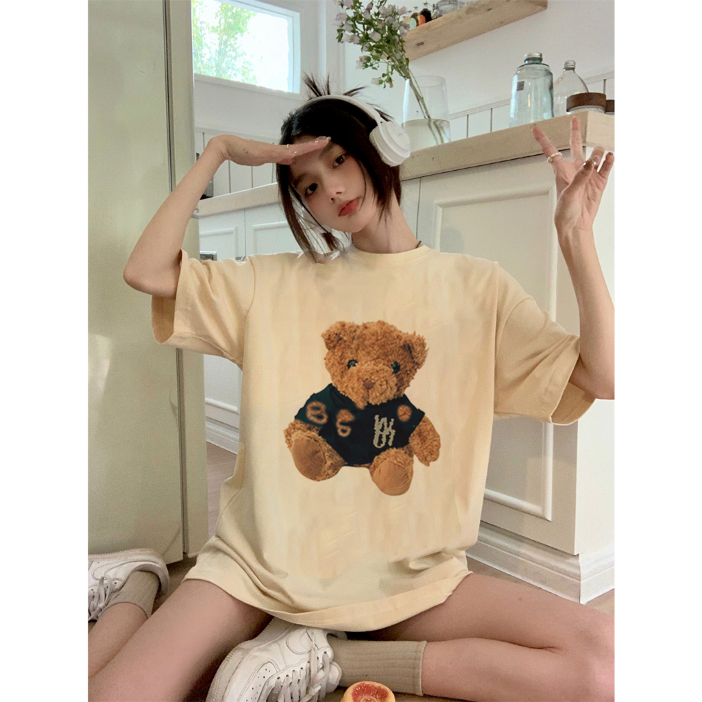 EUNII T-shirt Lengan Pendek Cute Teddy Bear Korean Style/Kaos Atasan Wanita/Baju Kaus Oversize Wanita/Kaos Wanita