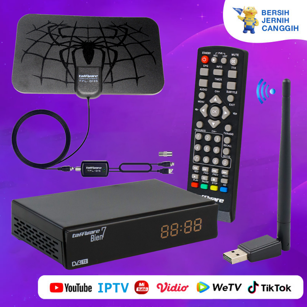 1 SET STB BIEN7 + ANTENA BOOSTER DIGITAL SET TOP BOX TV TABUNG LED SMART DVB-T2 ANALOG SAMSUNG TG TOSHIBA SHARP POLYTRON ADVANCE MATRIX