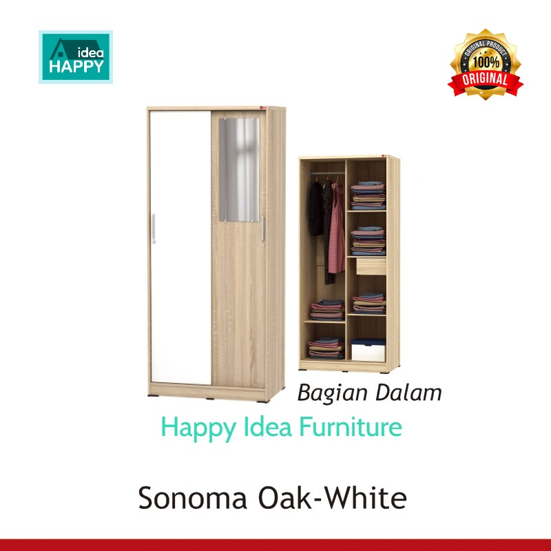 HAPPY IDEA - Lemari Pakaian Pintu Geser Minimalis Murah + Cermin / Lemari Baju Modern / SPIN SL 80 A