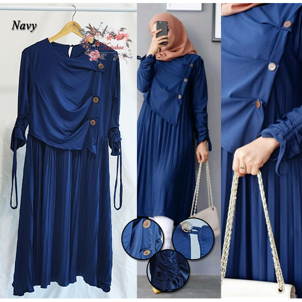 Top Tunik Plisket Terbaru Atasan Wanita Bahan Soltice Lengan Serut Depan Layer Variasi Kancing Batok Kelapa Fashion Muslim Kekinian