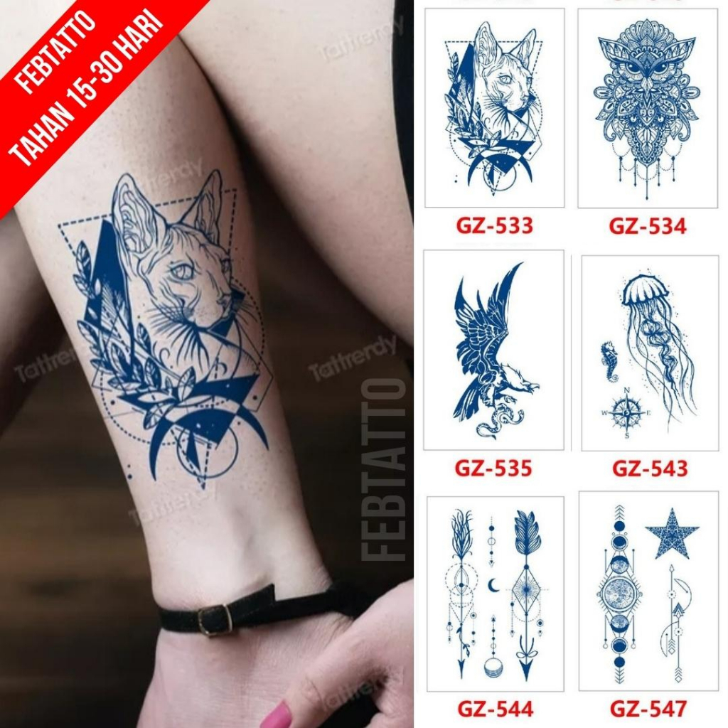 FRUIT INK Tato Semi Pemanent Tahan 1 Bulan Ukuran 11cmx18cm Tato Lengan Tato Dada Tato tangan Tato Kaki   Motif Aesthetic Tatto Temporary Stiker Tato Halal Grosir Tato air motif kucing, burung hantu, burung garuda , ubur ubur, panah, planet GZ 533