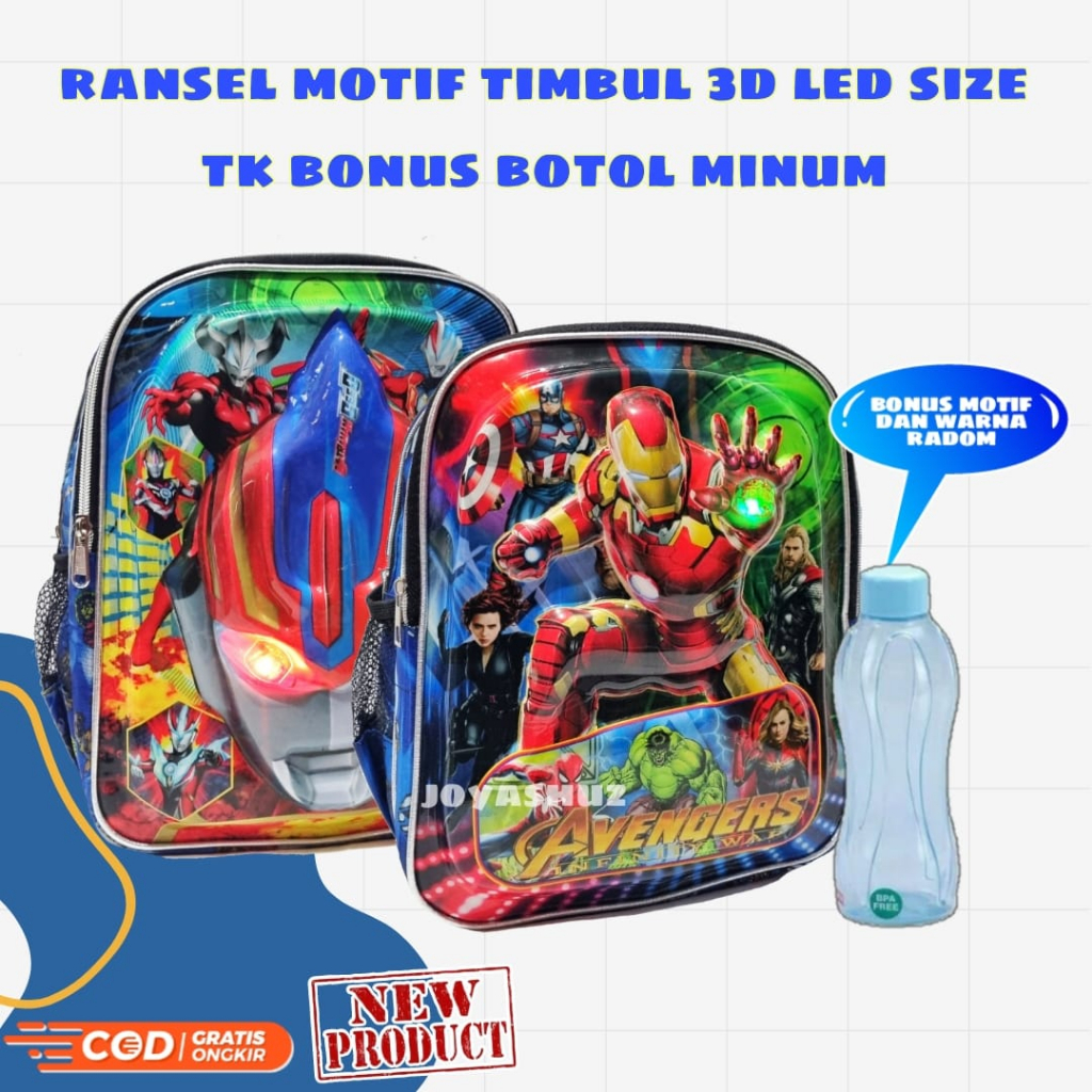 Tas Anak Sekolah Laki-Laki - Ransel Anak 3D LED - Tas Karakter Avangers - Ultraman - Tas Timbul Berbonus - Tas Banyak Bonus