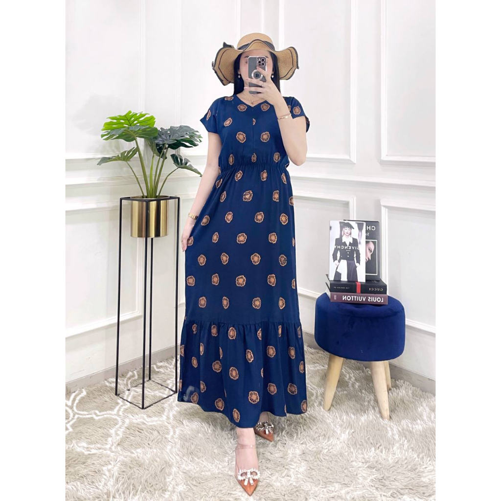Dress Maxi Manohara Runa Dress Wanita Rayon Santung Zipper Depan