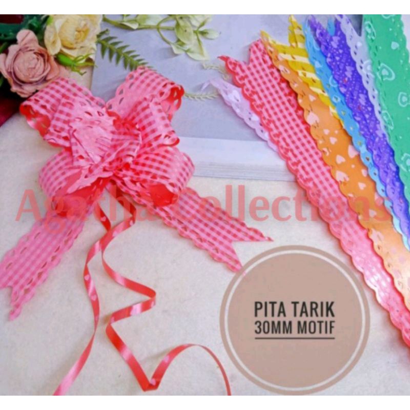 

Pita tarik pita serut per biji motif random 30mm siap pakai